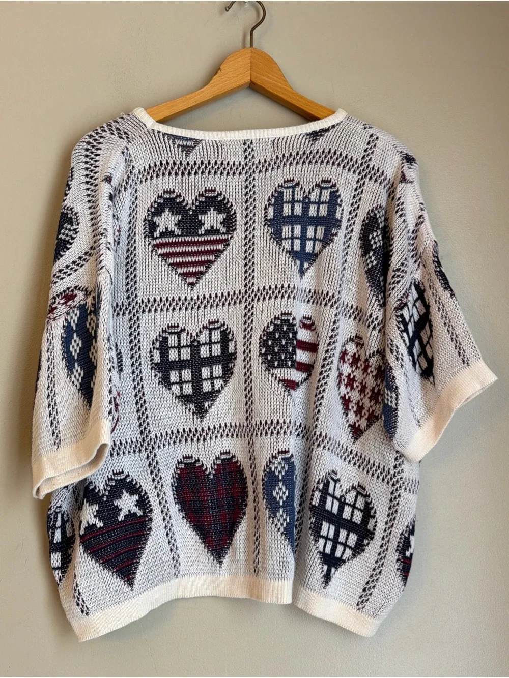 Vtg Cotton Harbor American Flag Heart Sweater Short Sleeve 4th Of July America L